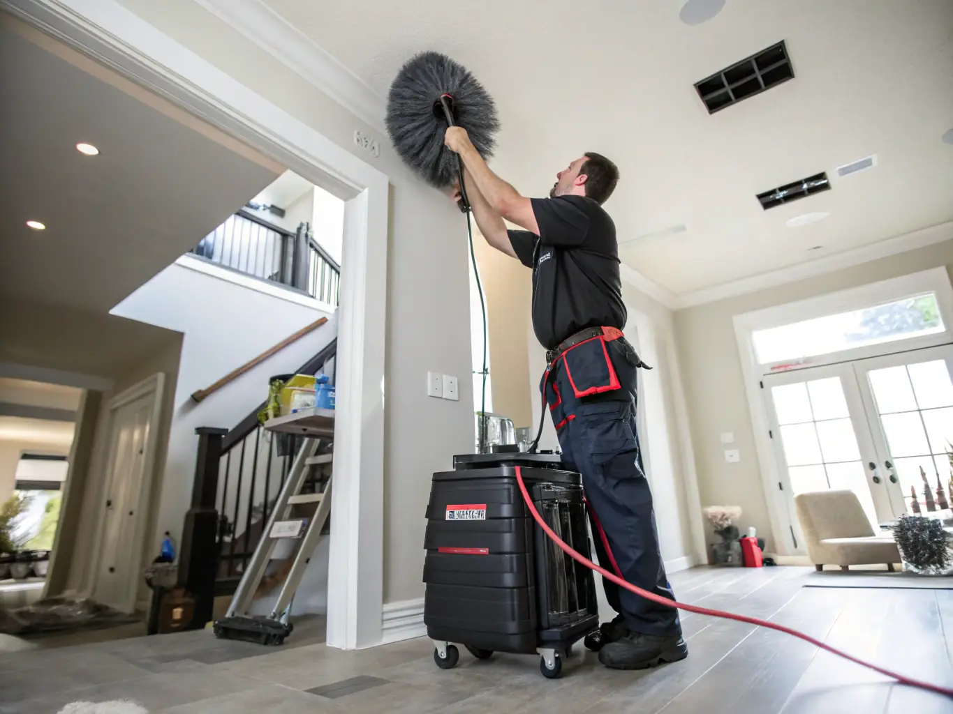 A close-up of a technician using specialized equipment to clean an air duct, highlighting the precision and care taken during the cleaning process.