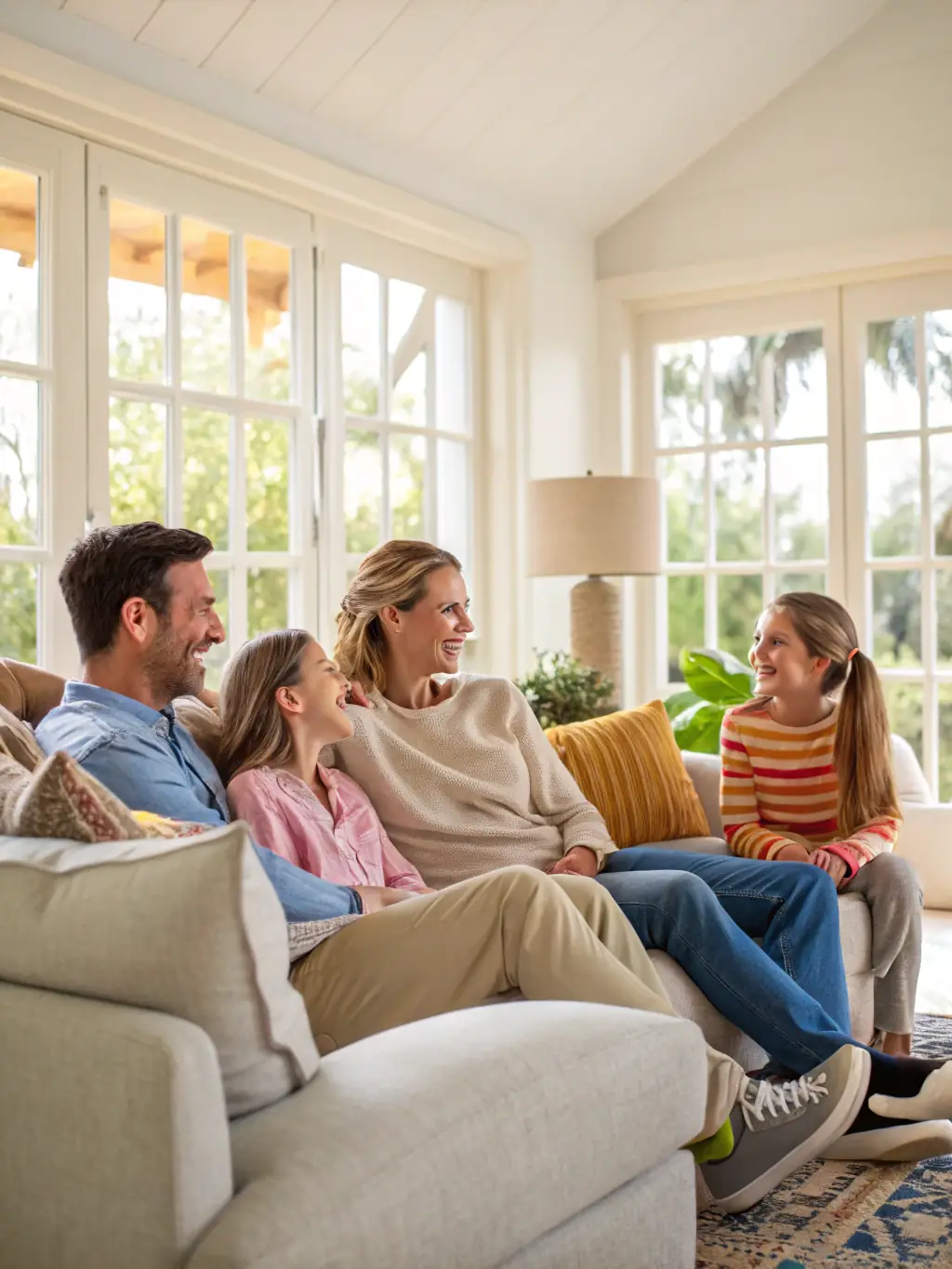 A happy family in a clean home, emphasizing the health benefits of Essentials Air Duct Cleaning's services.